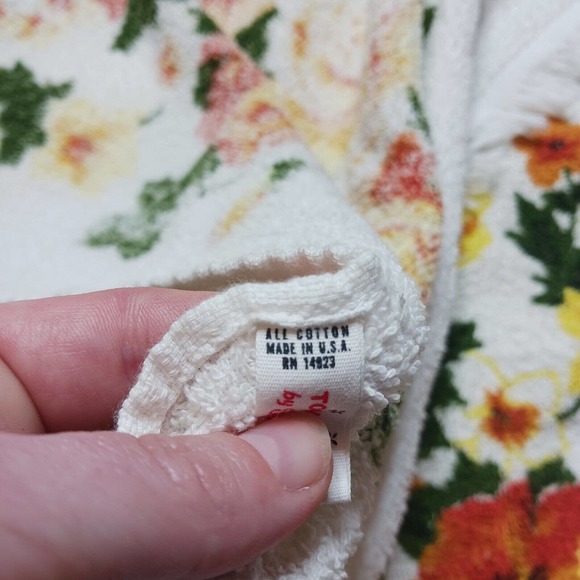 Vintage Bath Towel Set of 2 Gold Orange Brown Green Colors Flowers Retro Fringe - Picture 6 of 10